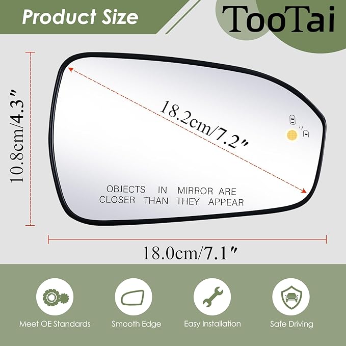 Passenger Side Replacement Mirror Glass - compatible with Ford vehicles - Fusion 2013-2019 - heated with Blind Spot Detect, w/o Auto Dimming