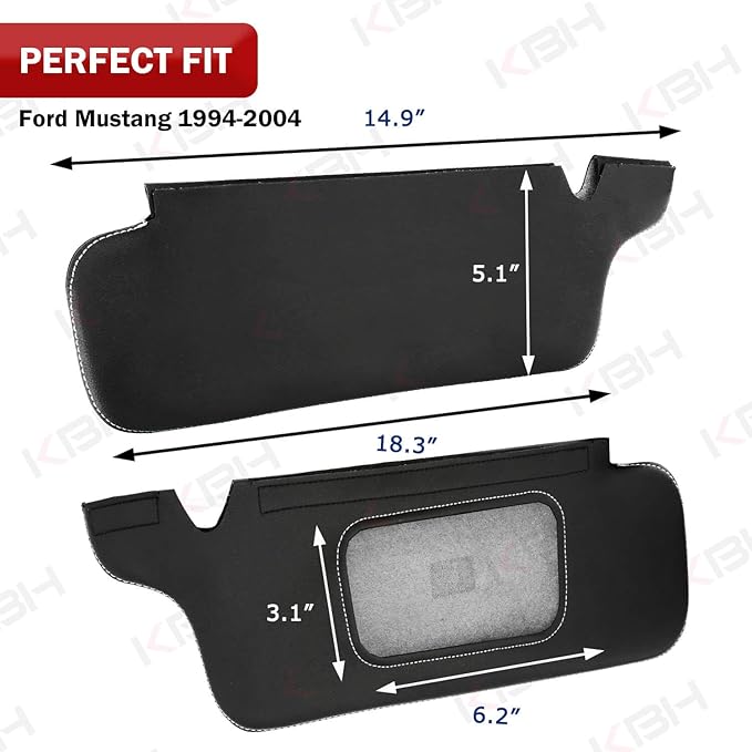 KBH Sun Visor Cover Protector for Ford Mustang 1994 1995 1996 1997 1998 1999 2000 2001 2002 2003 2004, Vinyl Leather, Left & Right Side, Anti-Scratch, Black-Gray Stitch