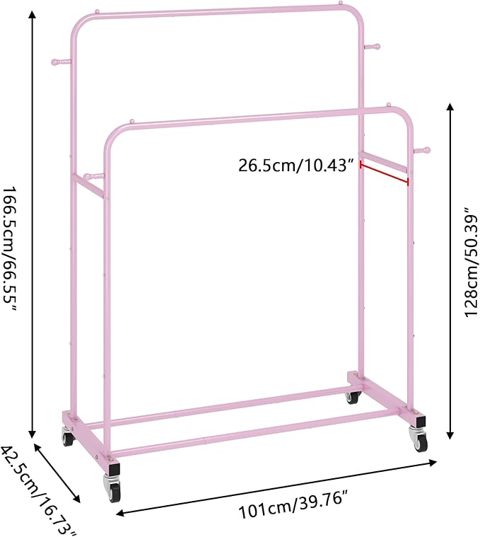 Laiensia Double Rods Garment Rack with Wheels, Clothing Rack for Hanging Clothes,4 Hooks, Multi-Functional Bedroom Clothes Ra