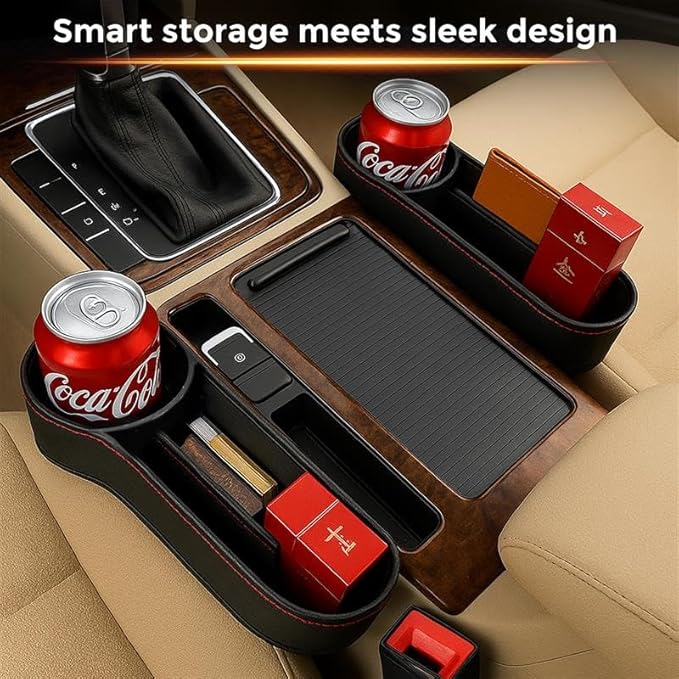 EcoNour Car Seat Gap Filler with Cup Holder (25.4 x 15.2 cm) | Auto Console Organizer in Between Front Seats for Holding Phone, Drink and Cards | Travel Accessories with 2 Headrest Hooks