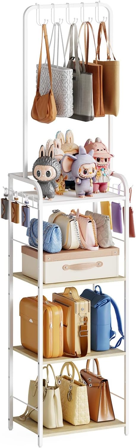 Tall Purse Organizer Stand with 3-Tier Thick Wood + 1-Tier High-Density Mesh, Adjustable Interchangeable, Slim Narrow Freesta