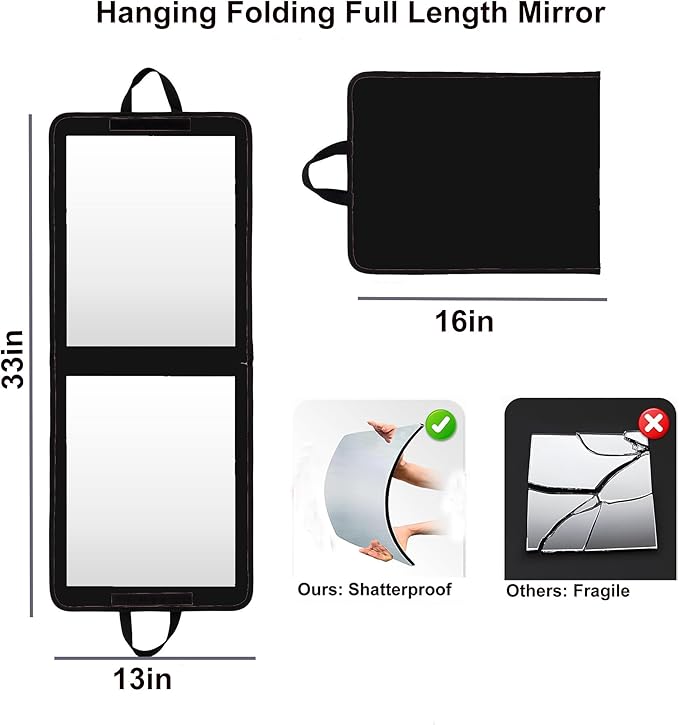 LPHUMEX 33x13 in Portable Mirror Full Length Door Hanging, Black Foldable Shatterproof Full Body Door Mirror for Dancing Bag,