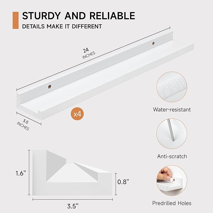 Fun Memories Picture Ledge Shelf for Wall, Floating Shelves Set of 4, 24 Inch Long Nursery Book Shelves for Toys Storage, Kid