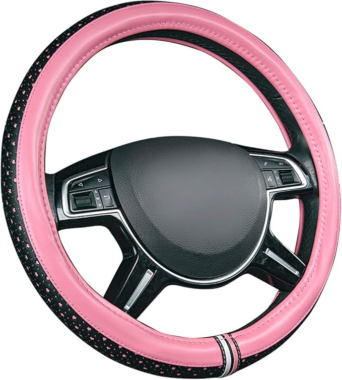 CAR-GRAND Leather Steering Wheel Cover, Double Layers with Piping Stars Design, Universal 14.5-15 Inch Anti-Slip Odorless Car