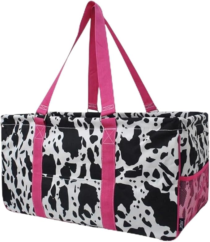 NGIL Extra Large Utility Tote Reusable Grocery Bag Oversized Collapsible for Groceries, Storage, Picnic, Beach (Cow Splatter-HotPink)