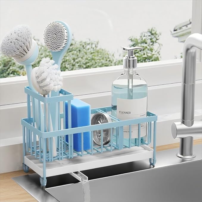 Cisily Sponge Holder for Kitchen Sink, Sink Caddy Organizer with High Brush Holder, Kitchen Countertop Organizers and Storage