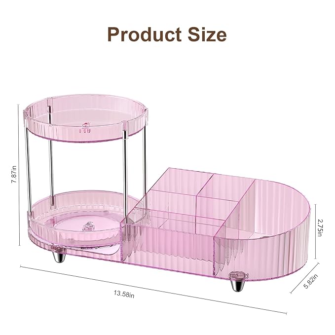 360 Rotating Vanity Makeup Organizer, 2 Small Trays & 5 Compartments for Cosmetics, Skincare, Perfume, Lipstick & Make up Bru