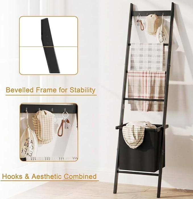 BAMBANG Bamboo Blanket Ladder with Basket, 5-Tier Quilt Rack Stand with 4 Hooks & Storage Hamper for Living Room Bathroom, Wa