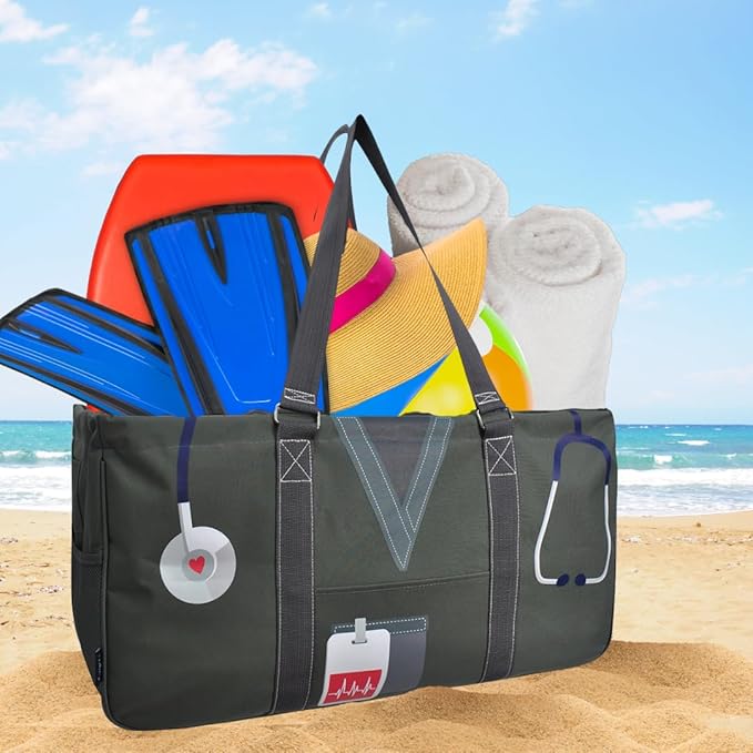 NGIL Extra Large Utility Tote Reusable Grocery Bag Oversized Collapsible for Groceries, Storage, Picnic, Beach (Nurse Life-gray)
