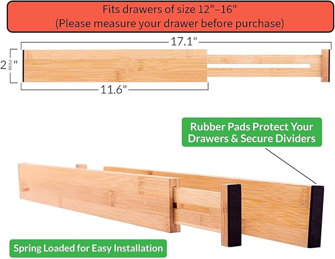 Adjustable Bamboo Drawer Dividers – SMALL SIZE, Expandable 12–16 inch – Spring Loaded Drawer Organizer for Kitchen, Dresser, 