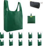 BeeGreen Christmas Green Reusable Grocery Bags with Zipper Storage Pouch 10 Packs Dark Green Reusable Shopping Bags Bulk Foldable-Machine Washable