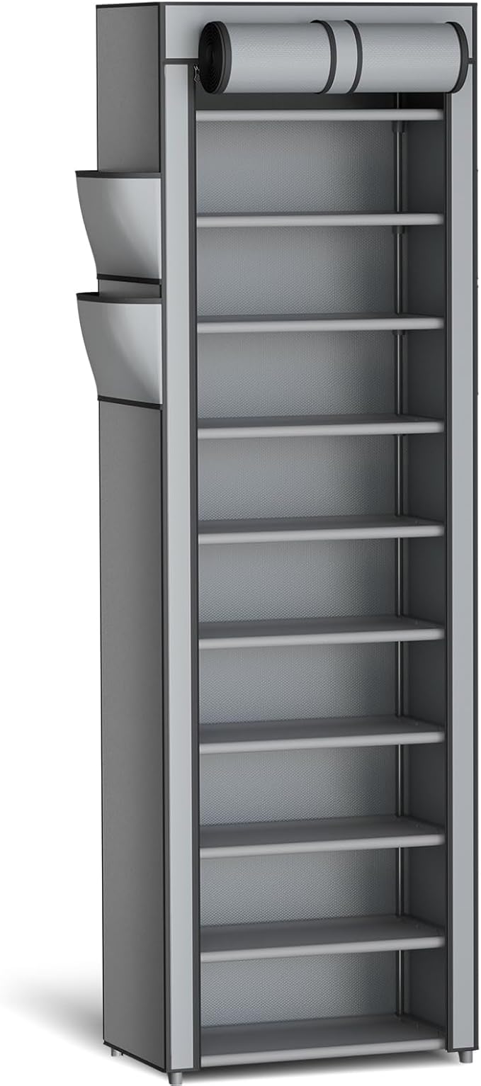 Kitsure Shoe Rack - 10-Tier Large Capacity Shoe Organizer Shelf with Dust Cover & Side Pockets, Rust-Proof Metal Shoe Rack fo