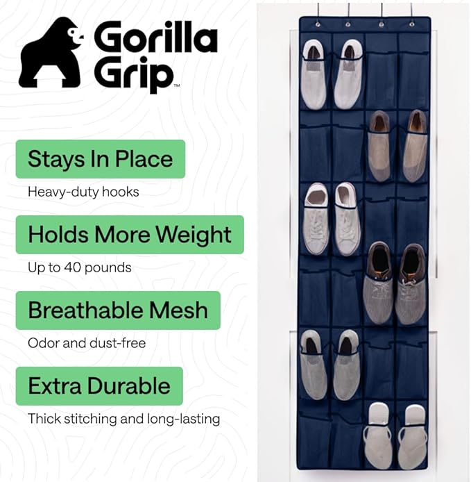GORILLA GRIP Over the Door Shoe Organizer, 24 Large Breathable Mesh Pockets, Space Saving Hanging Storage Holder, Closet Rack