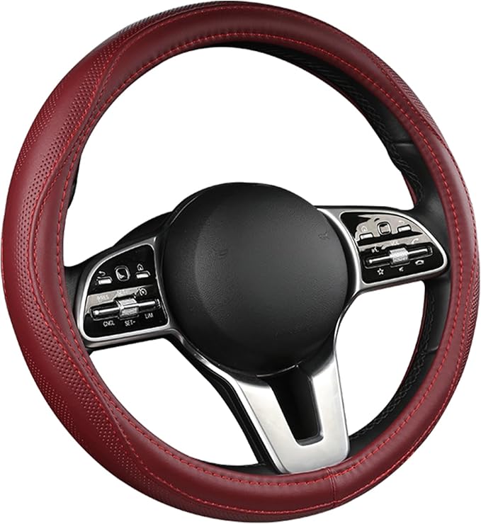 Cowhide Steering Wheel Cover Heat Resistant Anti-Slip Car Wheel Wrap Compatible with Most Makes and Models of Cars and Trucks with 14.5 to 15 Inch Steering Wheel(RED)