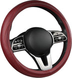 Cowhide Steering Wheel Cover Heat Resistant Anti-Slip Car Wheel Wrap Compatible with Most Makes and Models of Cars and Trucks with 14.5 to 15 Inch Steering Wheel(RED)