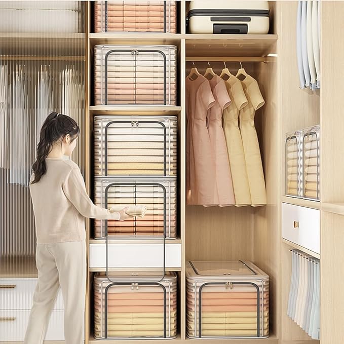 byg 56L Closet Organizer Storage Bin Waterproof Ttansparent Storage Bins Stackable Foldable Steel Frame storage Boxes for Com