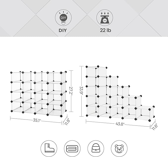 SONGMICS Shoe Rack with 16 Cubes, Interlocking Plastic Shoe Organizer, DIY Storage Cabinet for Closet Entryway Bedroom Garage