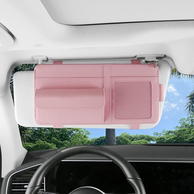 Visor Document Holder for Truck, Car Sun Visor Organizer, Visor Storage Pouch Holder with Sunglasses Clip, Picture Frame, Essential Visor Accessories for Driver Auto Owners Pink