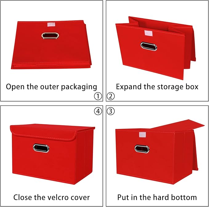 Linen Fabric Foldable Collapsible Storage Cube Bin Organizer Basket Fabric Storage Bins with Lid, Leather Handles, Removable 