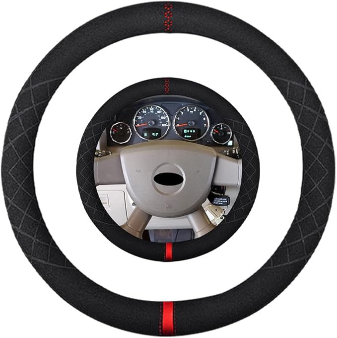 Suede Steering Wheel Cover,Compatible with Jeep Cherokee Grand Cherokee Liberty Wrangler Compass Suede Leather Sport Non-Slip Wheel Cover Car Interior Accessories 15 inch for Man and Women