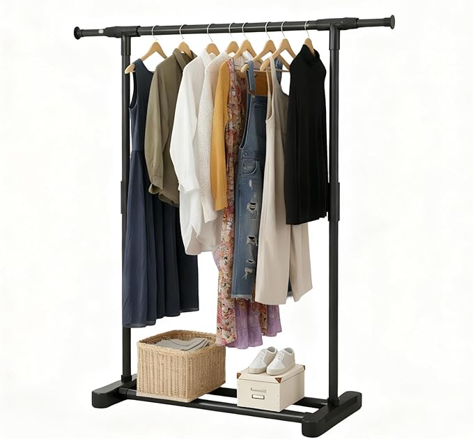 Clothes Rack for Hanging Clothes, Metal Portable Garment Rack with Bottom Storage Shelf, Metal Portable Wardrobe Rack for Coa