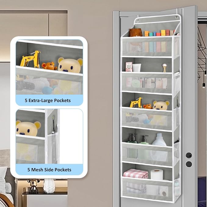 Over The Door Storage Organizer with 5 Extra Large Pockets & Side Mesh Pouches, Hanging Closet Door Organizer for Bedroom, Ba