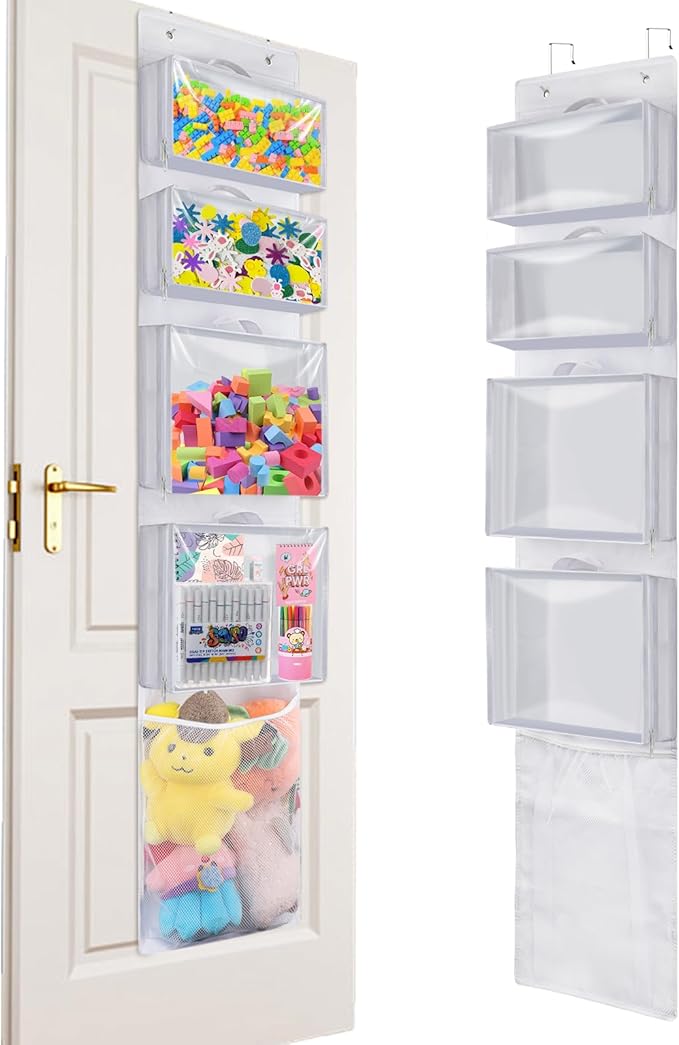 Woodoulogy Hanging Toy Storage over Door, Block Stuffed Animal Organizer Idea with 4 Removable Case Bag, Bi-Fold Closet Holde