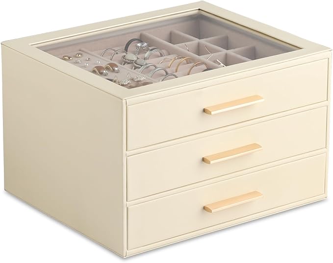 Frebeauty Clear Lid Jewelry Box,3-Layer Jewelry Organizer with Drawer,PU Leather Jewelry Organizers and Storage,Jewelry Boxes