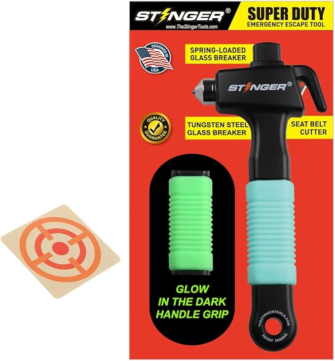 Stinger Super Duty Car Emergency Escape Tool - Hardened Carbon Steel Safety Hammer, Spring-Loaded Window Breaker, Razor-Sharp