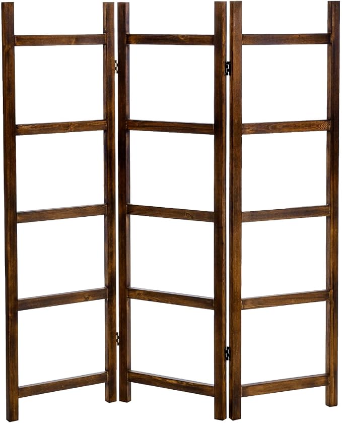 Blanket Ladder,Burnt Wood Blanket Ladder 59" H Freestanding and Folding, 6 Tier and 3 Panel Towel Rack for Bathroom, Decorati