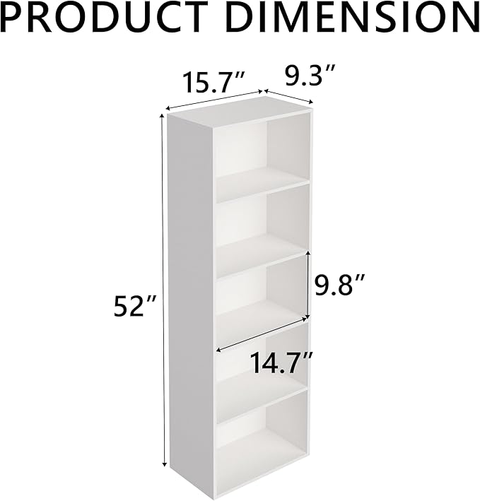 Wooden 5 Cube Storage Organizer, White 5 Tier Bookcase Bookshelf Freestanding Storage Display Organizer, Versatile Cubes Open