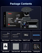 COOLCRAZY Dash Cam Front Rear - 4K+1080P Full HD Dashcam Free 64GB Card, with 5G WiFi GPS, Dual Dash Camera for Cars with 3" 