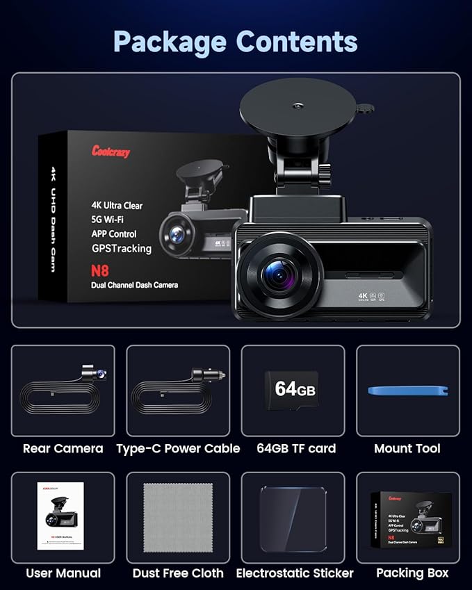 COOLCRAZY Dash Cam Front Rear - 4K+1080P Full HD Dashcam Free 64GB Card, with 5G WiFi GPS, Dual Dash Camera for Cars with 3" 