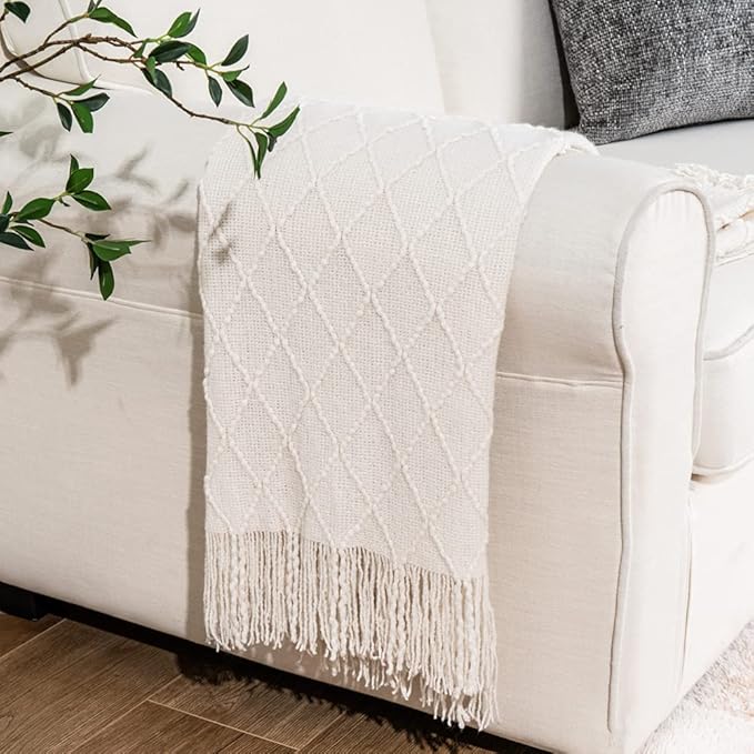 BATTILO HOME Cream Throw Blanket for Couch, Boho Bedroom Decor Throws, Decorative White Throw for Sofa Living Room, 50"x60"