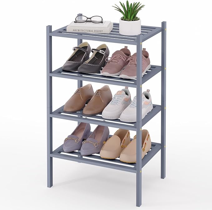 Smiry Small Bamboo Shoe Rack 4-Tier, Stackable Wooden Shoe Organizer for Entryway & Closet, Free Standing Wood Shoe Storage S