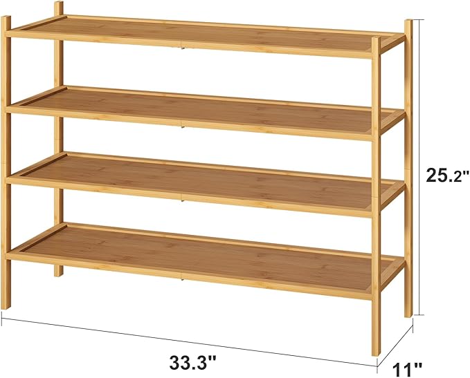 kiplant Long Shoe Rack, 4-Tier Bamboo Wood Shoe Rack, Stackable for Closet, Entryway & Hallway