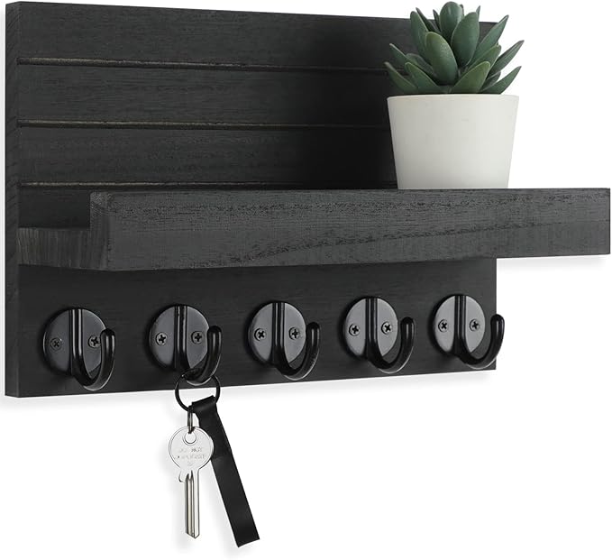 Lwenki Key Holder for Wall, Decorative Key and Mail Holder with Shelf Has Large Hooks for Bags, Coats, Umbrella – Paulownia W