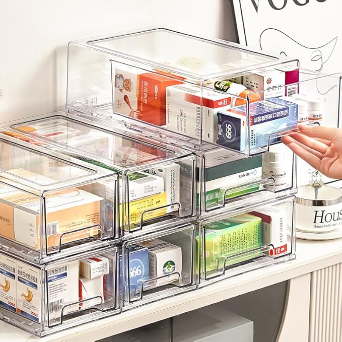 Clear Drawer-Type Plastic Storage Box Bins Organizer, Family First Aid Kits Medicine Cabinet Box Organizer, Closet Shelf