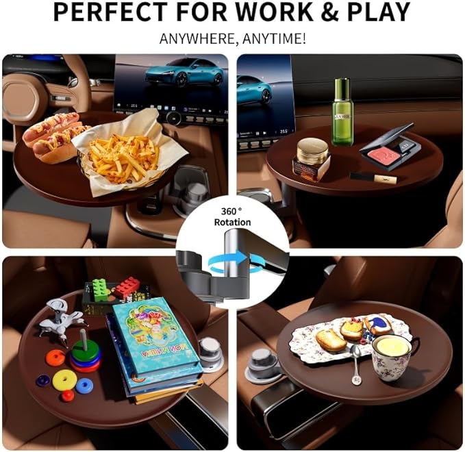 Car Tray & Car Desk for Laptop, 360° Rotating Wood Cup Holder Table, Steering Wheel Tray, Car Accessories for Women & Men,Compatible with Tesla Model Y/3/S, Ford F150/Explorer/Maverick & Most Vehicles