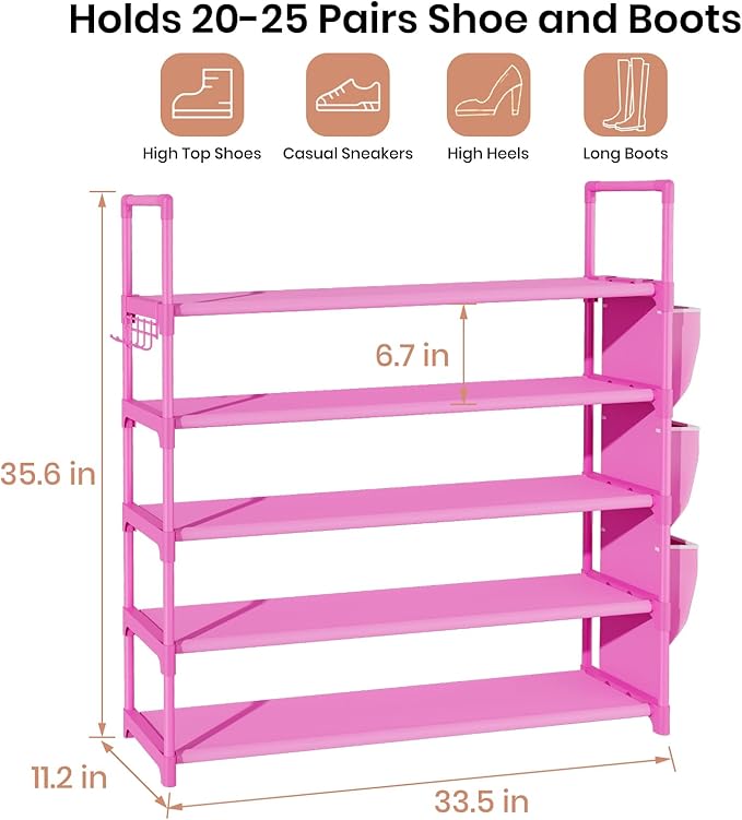 VILICK Shoe Rack for Closet Shoe Organizer Space Saver Storage for 20-25 Pair Shoe Shelf with Hook and Side Pocket Free Stand