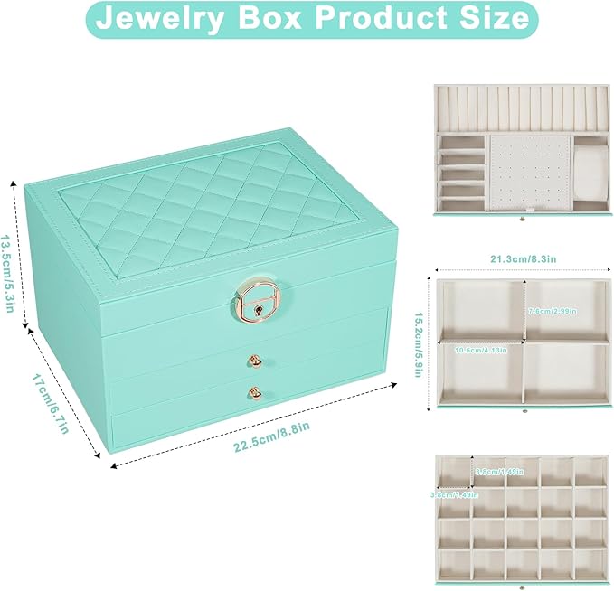 GUOER Jewelry Box for Women Girl Wife 3 Layers Large PU Leather Jewelry Organizer Storage Case with Two drawers Display for E