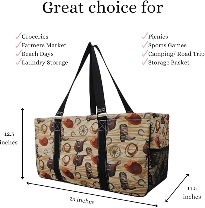 NGIL Extra Large Utility Tote Reusable Grocery Bag Oversized Collapsible for Groceries, Storage, Picnic, Beach (Western Cowboy-black)