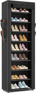 LANTEFUL Narrow Shoe Rack with Cover 10 Tier Tall Shoe Rack Organizer Large Capacity Shoe Shelf Storage 18-22 Pairs Space Sav