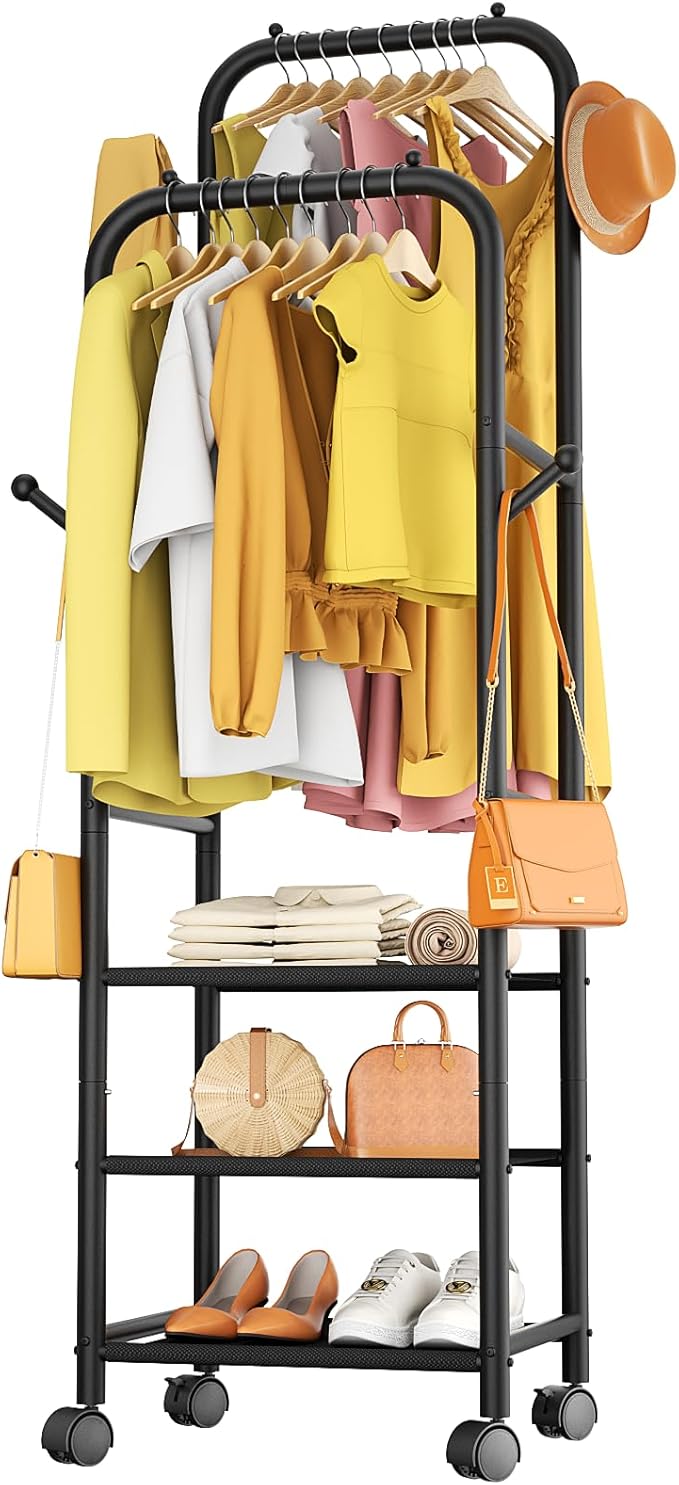 Furologee Clothing Racks for Hanging Clothes, Portable Rolling Garment Rack, Sturdy Metal Freestanding Clothes Rack with Whee