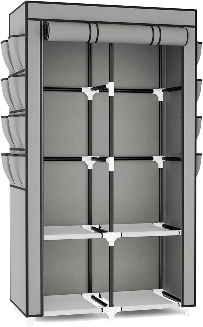 Portable Closet for Hanging Clothes, Portable Wardrobe Closet with Cover, 4 Storage Shelves, 2 Hanging Rods and 8 Side Pocket