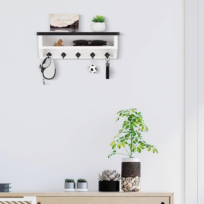 Nekon Key Holder Wall Mount, Wall Organizer Shelf with 5 Key Hooks, Room Decor for Home and Apartment Essentials, Black and W