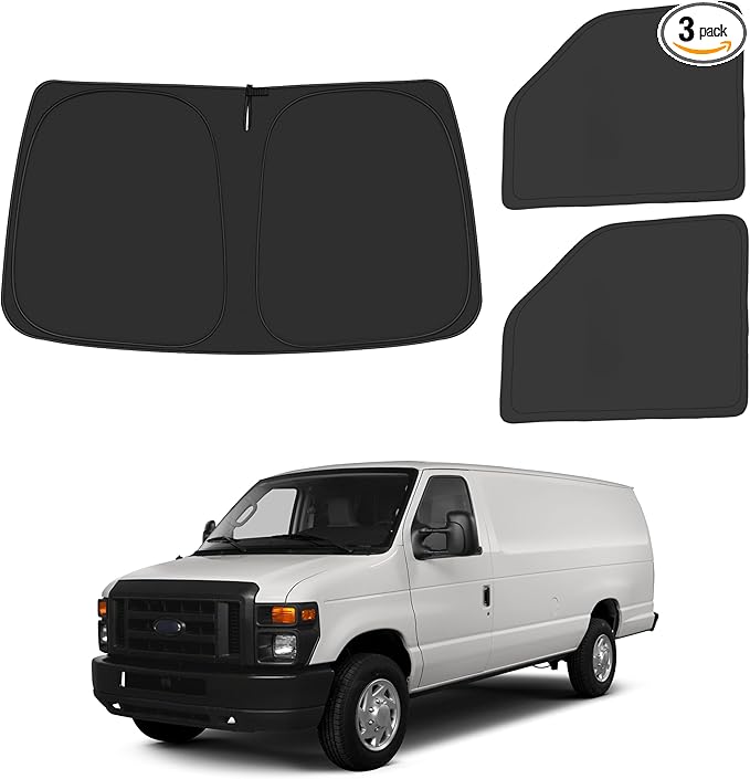 Front Windshield ＆ Side Window Sun Shade for 1992-2025 Fo-rd E-Series E-150 E-250 E-350 E-450 Van Motorhome, Foldable Window Sunshade Sun Visor Protector Blocks UV Rays Heat, Pack of 3