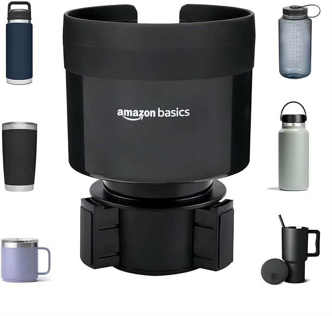 Amazon Basics Car Cup Holder Expander with Adjustable Base, Securely Holds Large Bottles 3.4 to 3.8 in Diameter, Compatible w