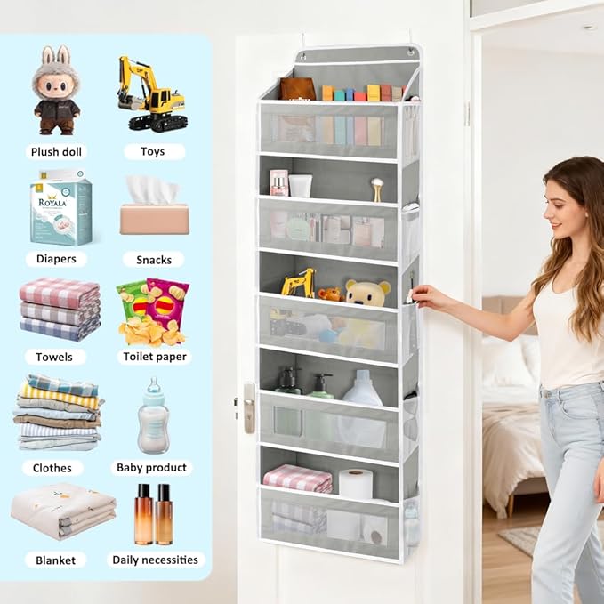 Over The Door Storage Organizer with 5 Extra Large Pockets & Side Mesh Pouches, Hanging Closet Door Organizer for Bedroom, Ba