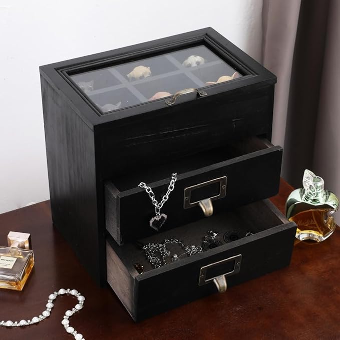Wooden Storage Box Wooden Desk Organizer with 2 Drawers and 6 Grids Apothecary Drawers Small Wooden Drawers Small Craft Stora